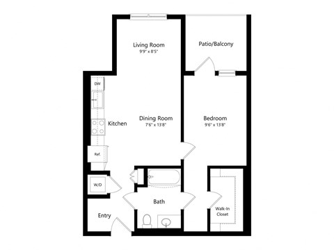 Floor plan for 1 bed, 1 bath, 705 sqft